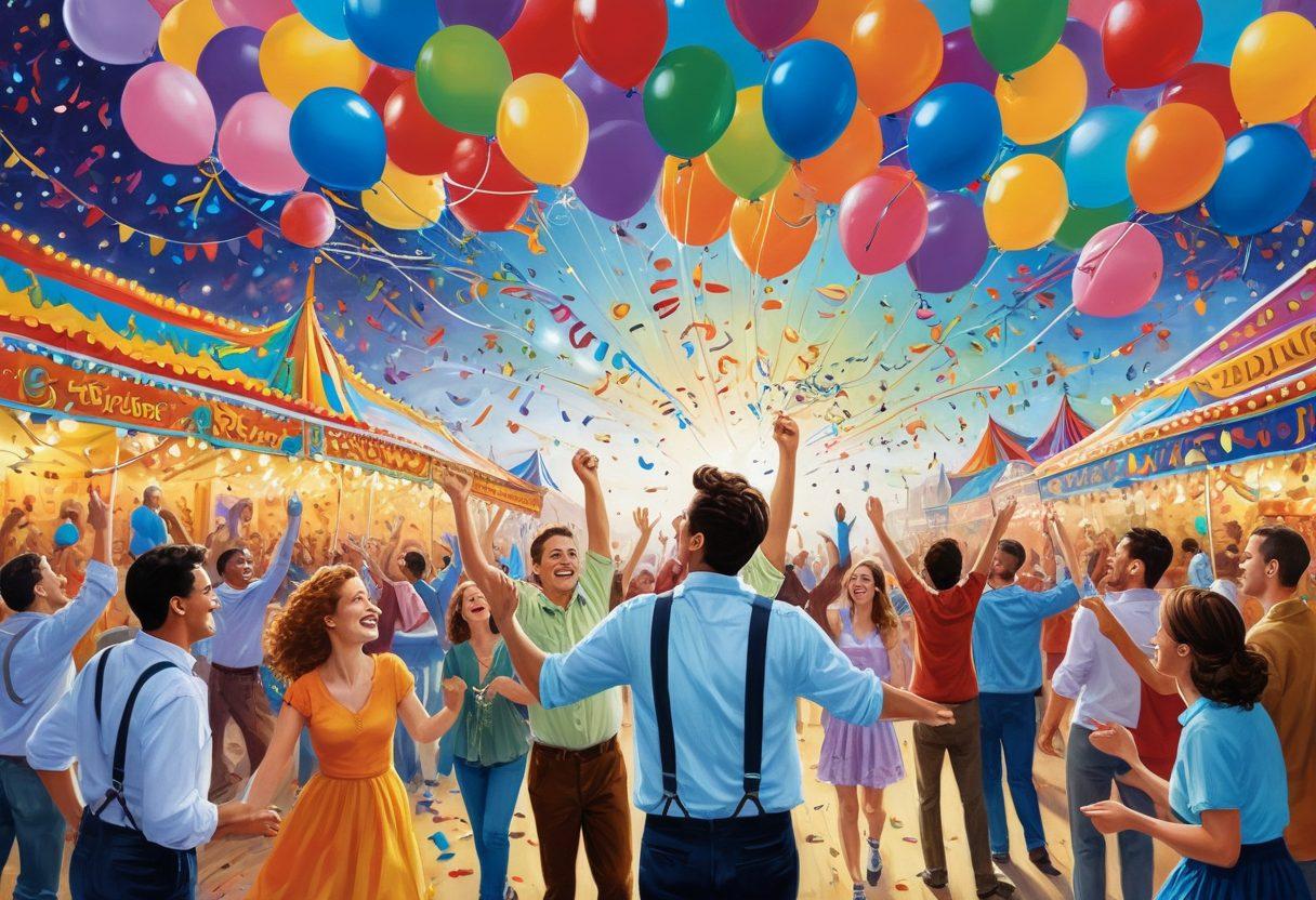 A whimsical scene featuring adults engaged in playful activities like laughter-filled games, colorful toys, and unexpected fun elements. The background is a vibrant carnival setting with balloons and confetti, radiating a sense of joy and celebration. The characters should display expressions of delight and surprise, showcasing the playful aspect of adult entertainment. Incorporate bright colors and playful graphics to enhance the lighthearted theme. vibrant colors. painting.