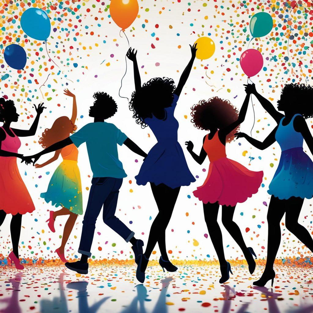 A vibrant and playful scene depicting silhouettes of diverse individuals joyfully engaging in various leisure activities inspired by the themes of adult films, such as dancing, laughing, and creating art. Bright colors, a sense of freedom, and a backdrop of abstract shapes represent the playful spirit of happiness and recreation. Include whimsical elements like balloons and confetti to enhance the celebration of joy. cartoon style. vibrant colors. white background.