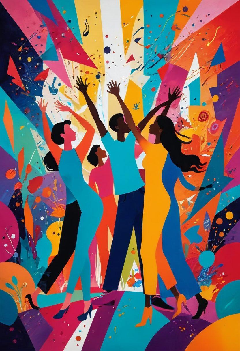 A whimsical and vibrant scene depicting adults joyfully exploring diverse pleasures, with an emphasis on playful interactions, colorful abstract shapes illustrating excitement and freedom, and hints of adult themes subtly represented through artful forms and symbols. The background is dreamy and soft, enhancing a feeling of joy and exploration. Bright colors and a slightly surreal style create a lively atmosphere. surrealism. vibrant colors. abstract art.